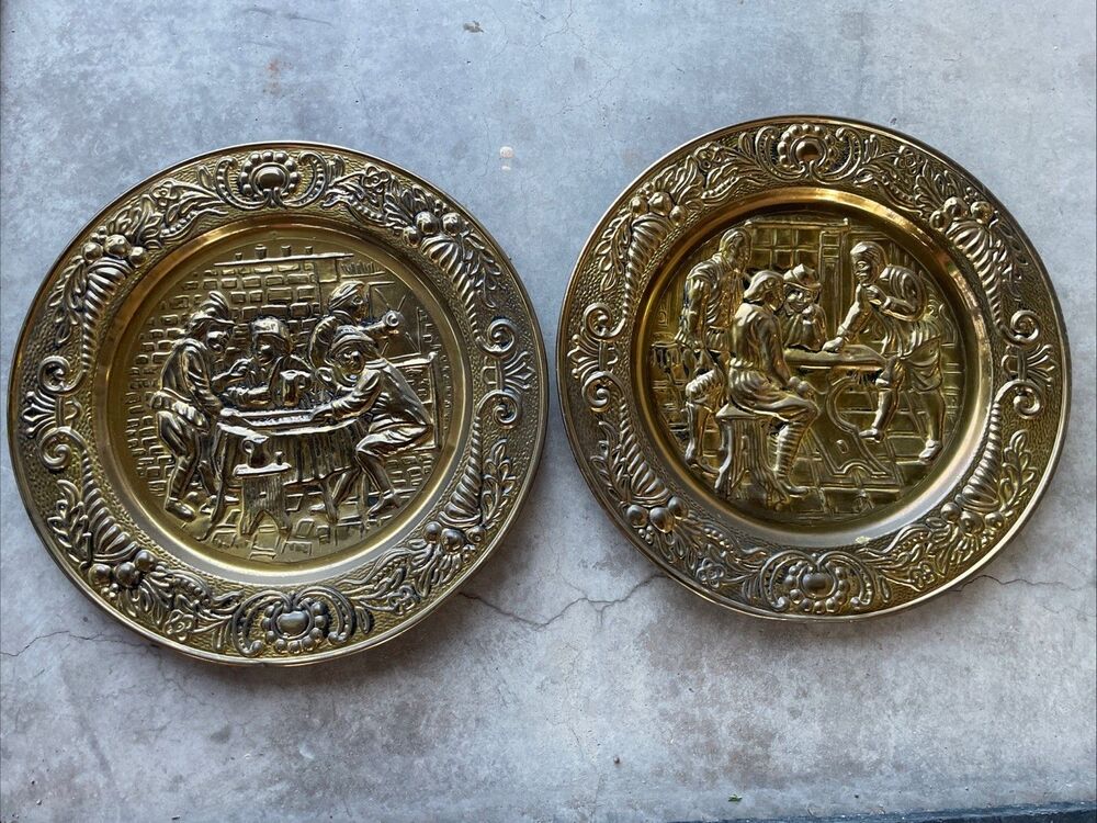 2 Vintage 14 in Brass Embossed Tavern Pub Scene Wall Plates Made in England